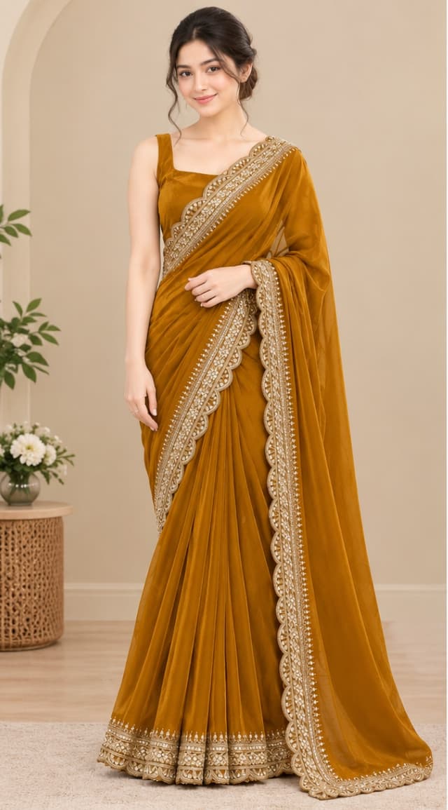 Mustard Golden Designer Embroidered Saree