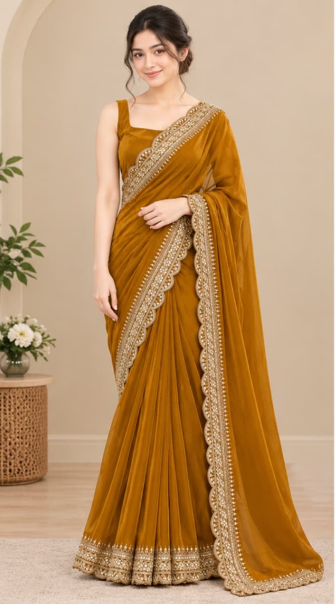 Mustard Golden Designer Embroidered Saree