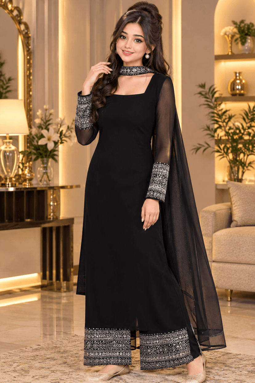 Black Embroidered Anarkali Suit Set