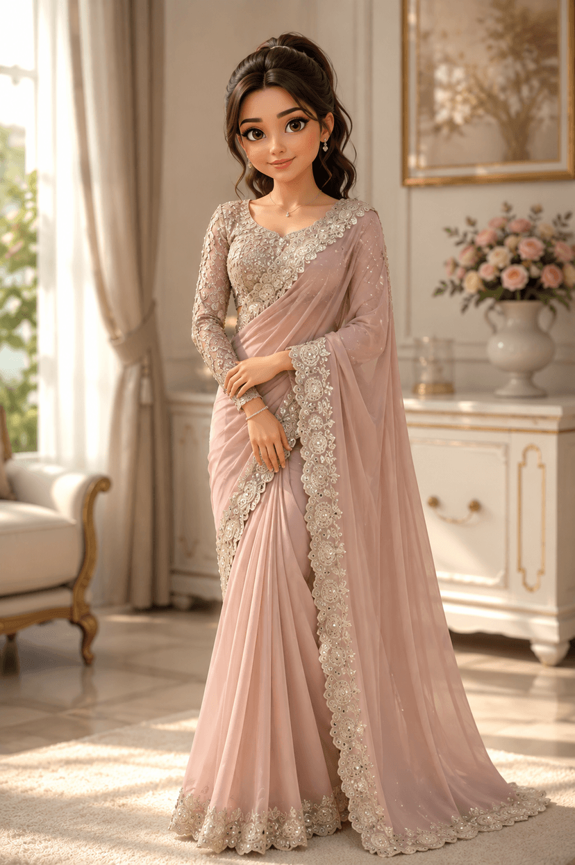 Peach Pink Embroidered Designer Saree