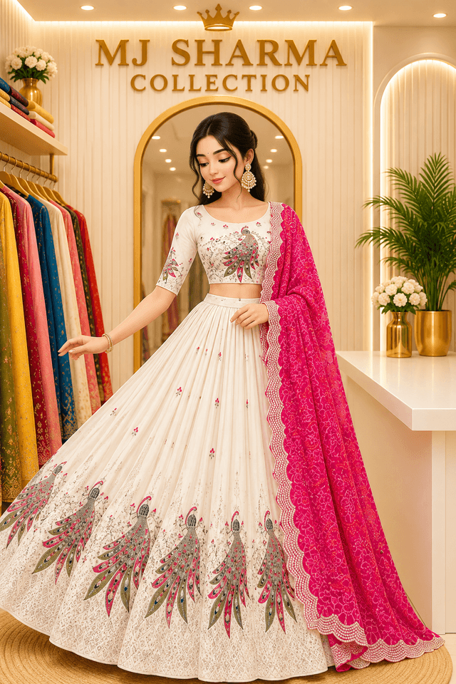 β¨White & Pink Peacock Print Designer Lehenga Set