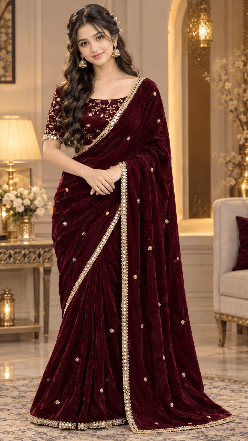 Royal Premium Satin Saree with Golden Mirror Work Border - Image 1